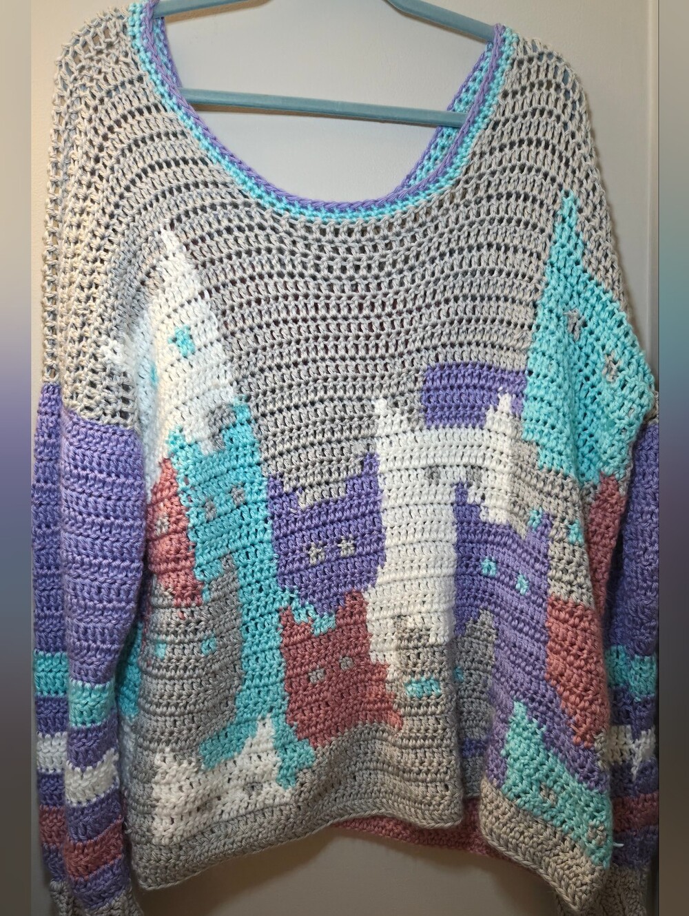 Custom Handmade Crochet Catghan Oversized Sweater – Colorful Tapestry Cat Knit
